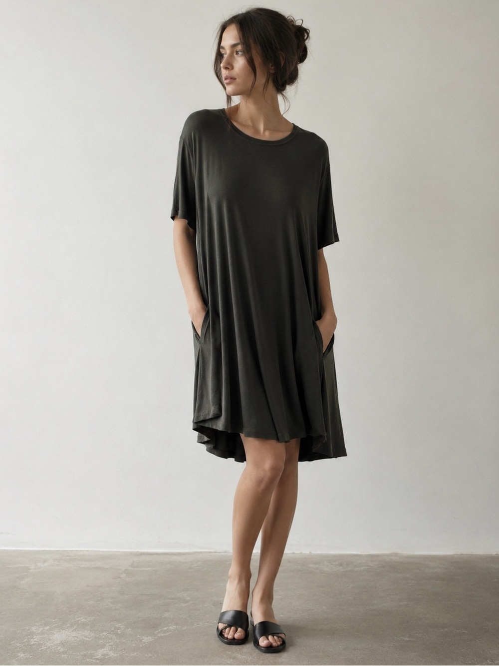 ADEPTT Olive Green Swing Tunic Dress XL US 12 Viscose Oversized Pockets